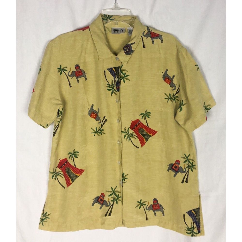 Chicos Design Silk Linen Button Up Shirt Size 1 Yellow Graphic Blouse